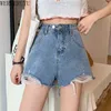 WERUERUYU Femmes Denim Shorts Femme Une Ligne Trou Déchiré Taille Haute Jean Court Coréen Lâche Gland Bleu Shorts D'été Denim Trou 210608