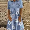 Летняя печать Джинсовое платье Женщины 2021 Повседневная кнопка Карманные синие короткие рукава Maxi платья плюс размер длинные платья Vestidos 5XL Q0712