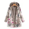 Frau Parkas Winter Warme Daunenjacke Blumendruck Kapuzenmantel Vintage Übergroße Oberbekleidung Lose Fleecefutter Geknöpfter Parka 210923