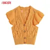 Tangada vrouwen vintage oranje twist oversized gebreide vest coltrui trui ruches mouw vrouwelijke vest topbe576 210609