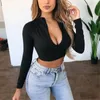 Women Long Sleeve Crop Tops V Neck Zip Bandage T-shirt Summer Beach Slim Fitness Bodycon Casual Solid Party Sexy Streetwear