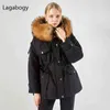 Lagabogy Winter Women White Duck Down Kurtka Grube Ciepłe Parki Kobiet Kieszonkowy Kieszonkowy Z Kapturem Wiatroodporny Ludowy Coat Real Raccoon Futro 211126