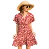 Moda Camisa de Verão Vestidos Mulheres Festa Chiffon Vintage Floral Manga Curta V Neck Plissado Praia Vestido Tamanho S-4XL