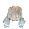 Chiffon full tröja design spets ruffled puff ärmar smal solid o nacke alla match topp blus kvinnor 210615