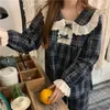 QWEEK Pijama Plaid Pigiama coreano Donna Autunno Sleepwear Set femminile Pizzo Chic Pigiama Dolce manica lunga Pigiama Abito Negligee 210928