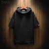 GUYI Patchwork Hoodies Sweatshirts Men Hooded Casual Male Lace up Autumn Hoodies Hip Hop Boy Pullover Pocket Short Sleeve 201130