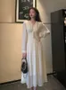 Damen Chiffon Kleid Herbst Französisch Stil Vintage Hohe Taille Langarm Anhänger Midi Party Kleider 210608