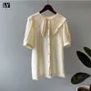 LY VAREY LIN Summer Women Vintage Loose Single Breasted Solid Color Fashion Shirts Casual Sailor Collar Puff Sleeve Female Tops 210526