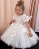 2021 Flower Girls Dresses For Weddings Lace Appliques Kortärmad Knee Längd Födelsedag Klänning Barn Party Kids Girl Ball Gowns 3D Blommor Blommor Kristallpärlor