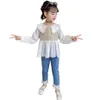 Çocuk Giysileri Ekose Bluz + Kot Kız Giyim Dantel Çiçek Genç Casual Stil Için Çocuk Takım Elbise 210528