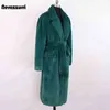 Nerazzurri Winter Long Green Warm Soft Loose Fluffy Faux Fur Coat Women Belt Lapel Elegant Luxury Designer Korean Fashion 211124