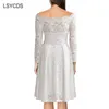 Femme robes à manches longues Slash cou fête de mariage porter décontracté une ligne Sexy rouge noir blanc dentelle robe grande taille S-3XL 210309