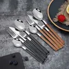 20 / 24pcs 304 Rostfritt stål Servitärer Sätt Glansigt Silver Trä Bordsväska Västra Mat Kniv Fork Tesked Cutleries 210928