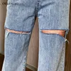 Rippade jeans kvinnor lösa raka snitt ruttna höga midjabyxor var tunna breda ben 100% bomull mop 210708