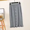Yedinas Autumn Winter Solid Knit Midi Skirt For Women Elegant Office Ladies Ruffles High Waisted Pencil Slim Sweater 210527
