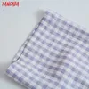 Tangada, camisa corta con estampado de cuadros púrpura Retro para mujer, camisa informal elegante de verano de manga corta para mujer, Tops QD20 210609