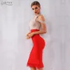 Adyce New Summer Bandage Dress Women Elegant Red Off Shoulder Sexy Feather Bodycon Club Beading Dress Celebrity Party Dress 210302