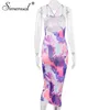 Simenual Dos Nu Criss Cross Hot Sexy Midi Robes Femmes Sangle Sans Manches Party Clubwear Tie Dye Imprimer Skinny Robe Moulante Nouveau X0521