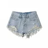 Kvinnors jeans sommargata avslappnad låg midja rippade denim shorts solid färg var tunna tvättade kant kvinnor