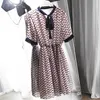 Primavera llegada estilo coreano vestido de gasa mujeres Slim media manga estampado es Bow Collar Vintage gratis 210527