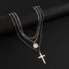 Pendant Necklaces KunJoe Stainless Steel Cross Necklace For Men Women Hip Hop Punk Layer Chain Choker Round Jewerly Gifts