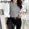 O Neck Pleated Patchwork Lantern Sleeve Knitted Sweater Fake Two Piece Pullovers Top Chic Korean Fashion Casual Pull Jumpers 210610