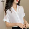 2021 Été Nouveau style Top à manches courtes Femmes Mode Solide Couleur Mesh V-Col V-Col Femmes Chemises Pull en mousseline de soie Femmes Blouse 9632 210225