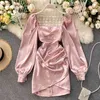 Rosa Satin Dress Puff Sleeve Square Collar Ruched Mini Solid Sexig Streetwear Outfits Ladies Club Party Vestidos 210603