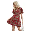 Мода Женское летнее платье V-образным вырезом с коротким рукавом Beach Red Mini Floral Flocks для леди Полиэстер Vestido Verano Одежда 210625