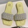 Pantofole 2021 Estate INS Donna Giallo Bianco Piatto Perla Quadrato Punta Aperta Scivoli Sandali Da Spiaggia Da Donna Casual Scarpe