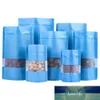 100 stks / partij Blauw Stand-up Aluminium Foliezak met Frosted Window Tear Notch Self Seal Doypack Food Candy Thee Pouches