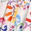 Zevity Women Vintage Totem Floral Print Bow Sashes Midi Shirt Dress Female Chic Three Quarter Sleeve Casual Slim Vestidos DS8361 220215