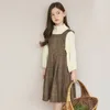 Autumn Teenage Girls Outfits Girl Long Sleeve Blouse+Plaid Sundress 2pcs Kids Clothes E3512 210610