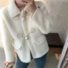 PERHAPS U Women White Faux Fur Pearl Button Turn Down Collar Pocket Winter Elegant Chic C0558 210529