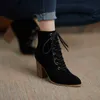 Meotina Gerçek Deri Yüksek Topuk Ayak Bileği Çizmeler Kadın Çizmeler Zip Kalın Topuk Ayakkabı Lace Up Sivri Burun Bayanlar Kısa Çizmeler Kahverengi Boy 40 210608