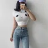 Été à manches courtes Crop Top Slim Rond Col Furry Kawaii Souriant Visage Blanc Fashion Vêtements d'expression occasionnels 210604