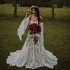 Vintage Crochet Lace Boho Bröllopsklänningar med långärmad 2022 Off Shoulder Countryside Bohemian Celtic Hippie Bride Dresses Robe Gergb