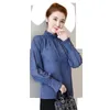 Весна синий шифон женские рубашки с бисером женские топы с длинными рукавами нижняя рубашка мода блузка OL женщин блузки одежда 1641 210721