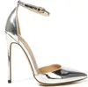 Designer-apontado toe sapatos de salto alto super tornozle cinta mulher bombas vestido de couro sapato preto ouro prata
