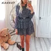 Nankey Women Floral Print Dress Eleganckie Rękaw Lantern Casual Ruffles Office Lady Purple Black Mini Party Vestidos 210623