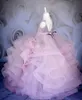 New Hot Cute Lilac Ball Gown Flower Girls Long Sleeves Crystal Tulle Ruffles Tiered For Children Kids Birthday Party Dresses