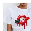 Mulheres Boca Vermelha Tops Beijo Beijo Impresso Menina Preto Verão Engraçado Leopardo Gráfico Camiseta Femme T Drop Ship