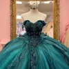 Grön prinsessa boll klänning quinceanera klänning av axel applikationer spets 3d blommor vx de quinceanera söt 15 prom party kappor