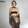 Kliou Mesh Character Print Two Piece Sets Kvinnor Handskar Sexiga Bra Toppar + Seethrough Maxi Kjol Matchande Sats Clubwear Kvinna Outfits x0709