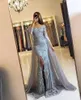 Zwarte Moslim Avondjurken 2022 Mermaid 3/4 Mouwen Kant Kralen Voorste Slit Tulle V-hals Dubai Kaftan Saoedi-Arabische Off Shoulder Long Formal Gelegenheid Toga's Prom Dress