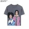 Zevity Kobiety Podstawowe O Neck Krótki Rękaw Wash Efekt Casual Slim T-Shirt Kobiet Chic Beauty Print Knitting Summer Tops T693 210603