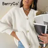 BerryGo Casual v-neck knitted kimono cardigan women Autumn winter lantern sleeve button female Streetwear sweaters 210922