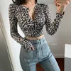 Womengaga Jesień Temperament Moda Pępek Sexy Krótka Baza Pełna Rękaw Leopard Pojedynczy Sweter Biersed Top QW5 210603