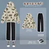 İnek Desen Kazak Suit Bahar Sonbahar Kore Kadınlar Öğrenci Moda Gevşek Hoodie + Iki Parçalı Rahat Geniş-Bacak Pantolon 210526