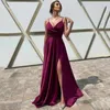 Spaghetti Straps High Split Long Bridesmaid Dresses For Wedding V Neck Sweep Train Satin Formell Evening Gowns Maid of Honor Dress
